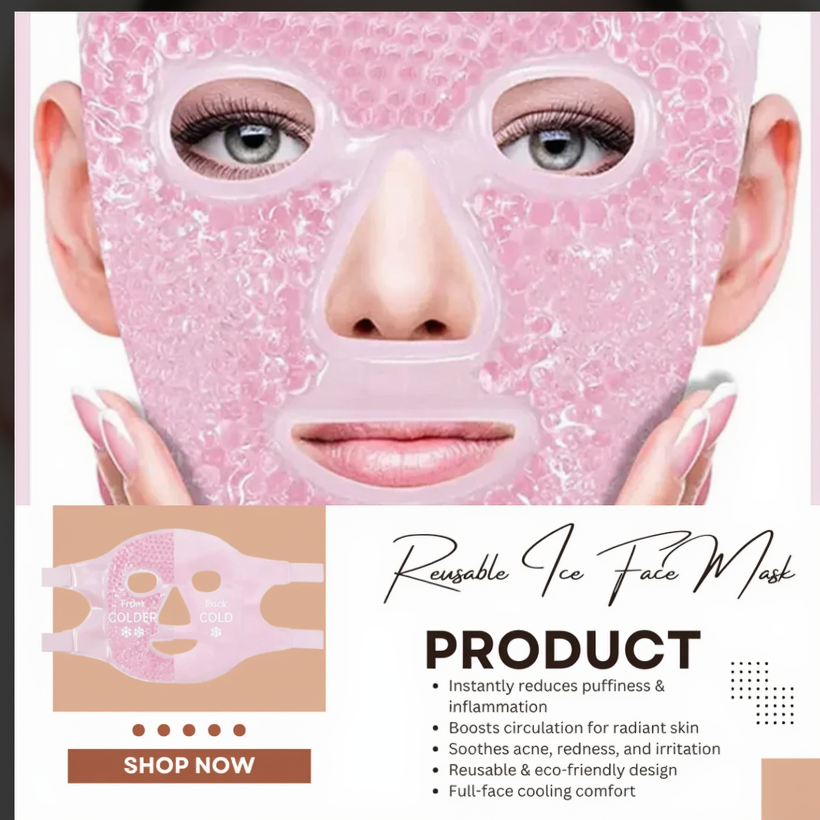 Reusable ice face mask with a woman's face wearing it, and product details below.