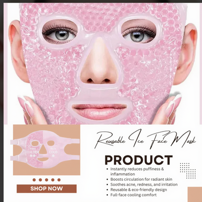 Reusable ice face mask with a woman's face wearing it, and product details below.