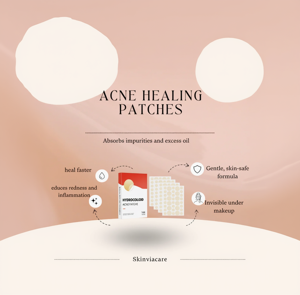 Acne healing patches packaging with benefits on a skin-like background