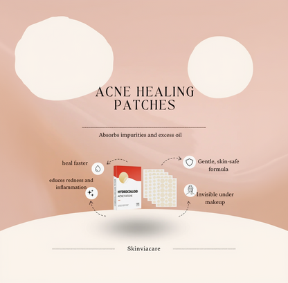 Acne healing patches packaging with benefits on a skin-like background