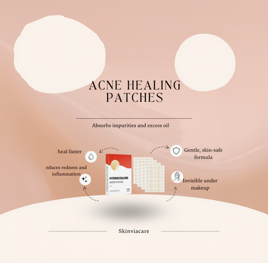 Acne healing patches packaging with benefits on a skin-like background