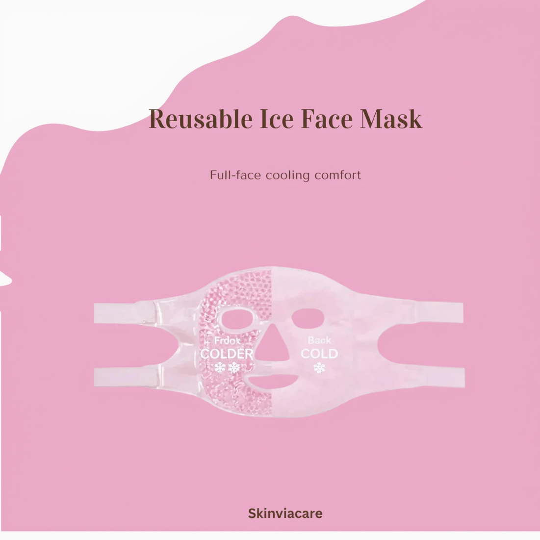 Reusable ice face mask with pink background and Skinviacare branding