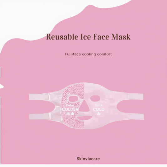Reusable ice face mask with pink background and Skinviacare branding