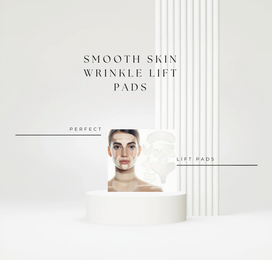 Advertisement for smooth skin wrinkle lift pads with a person wearing them.