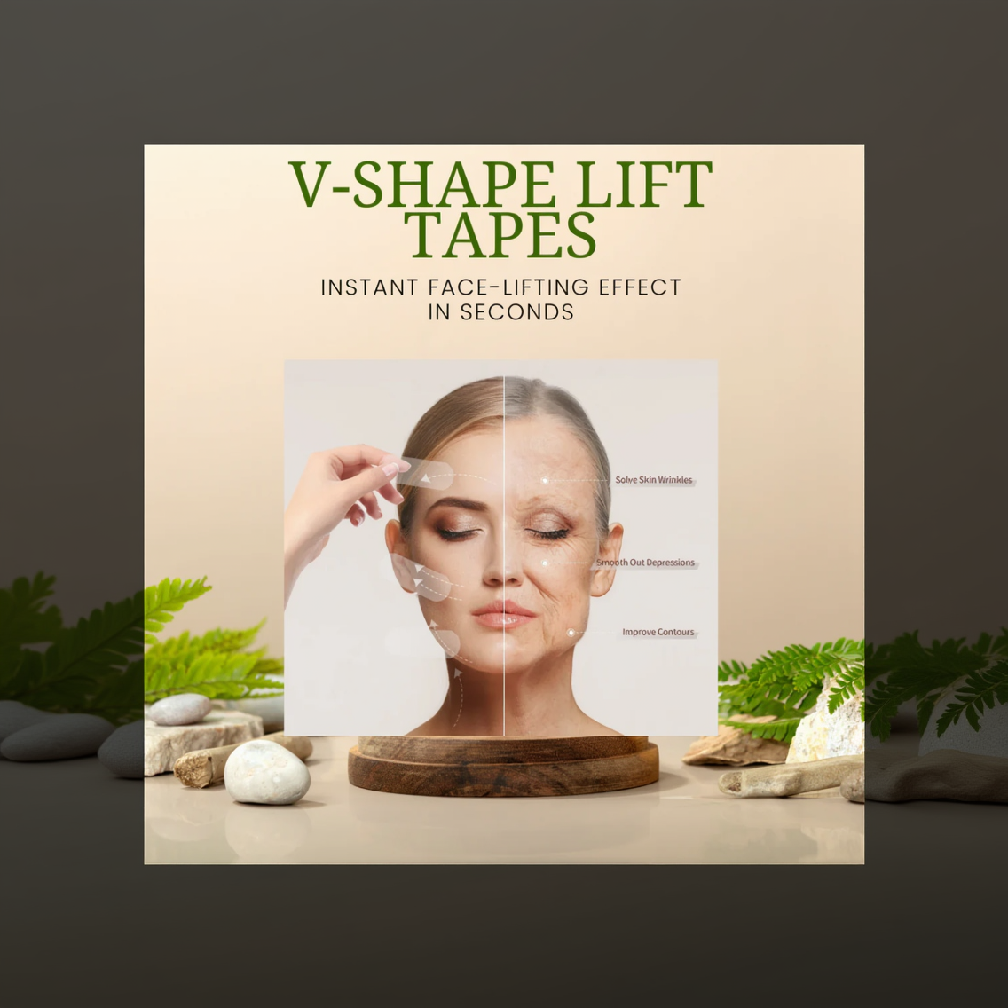 V-shape lift tapes with a woman applying them to her face, set against a natural background.