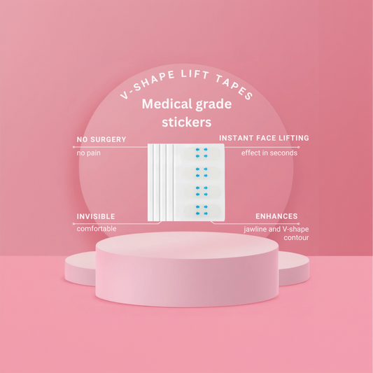 V-shape lift tapes with text on a pink background