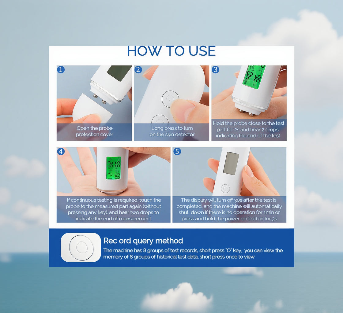 Smart Skin Detector by Mağazam showing a sleek design with an LED display and sensor for skin analysis.