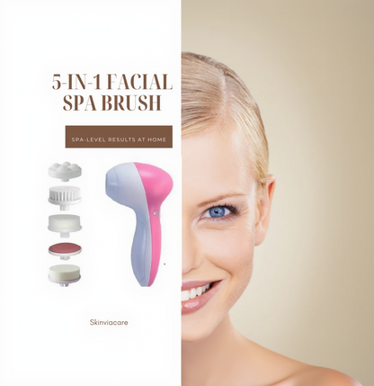 5-in-1 facial spa brush with a woman's face on a beige background, featuring Skinviacare branding.